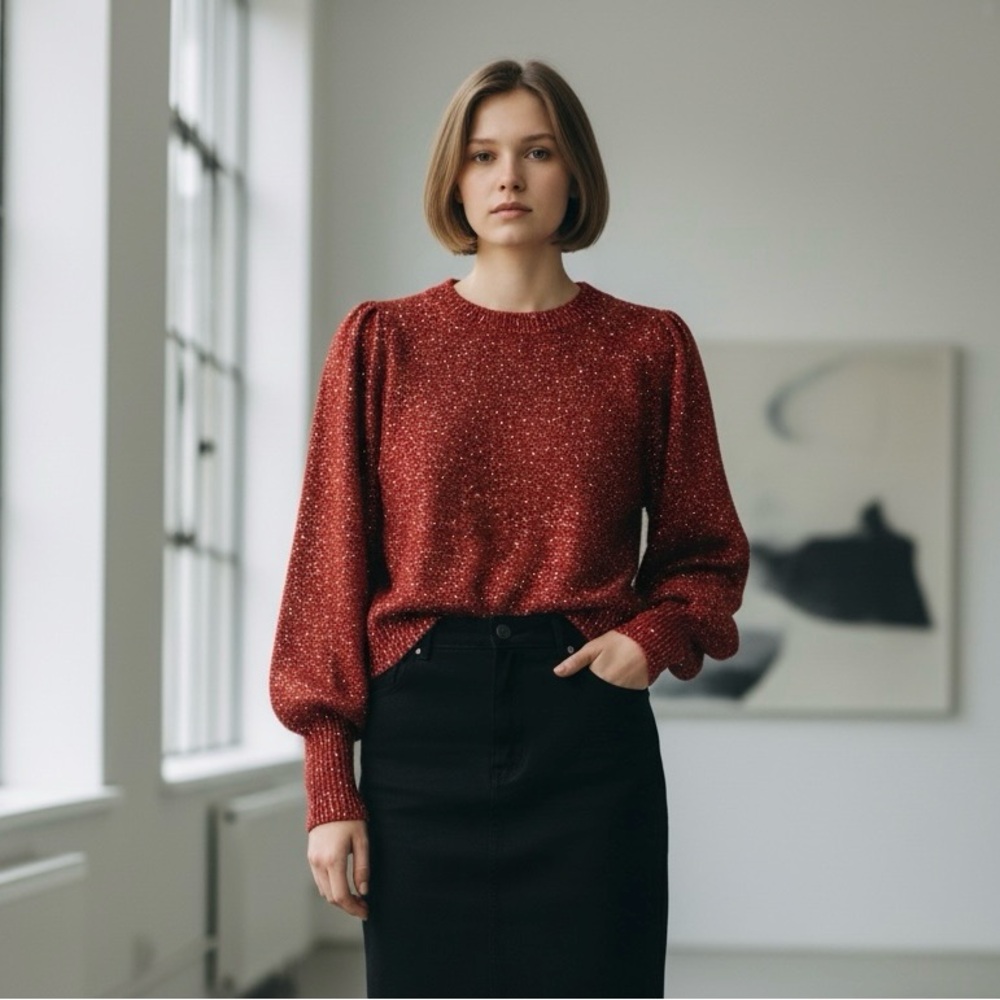 Elegant Red Sequin Knit Women's Sweater